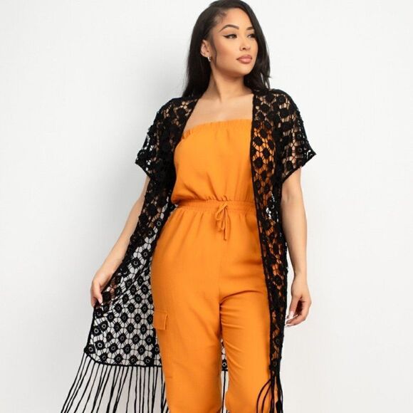 Crocheted open-front fringe black kimono‎ - Picture 5 of 5